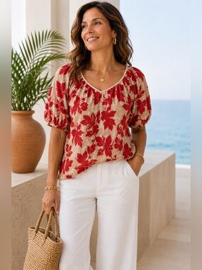 Chico’s Red Floral Linen Top Tan Ivory Rope Trim Blouse Size M NWOT